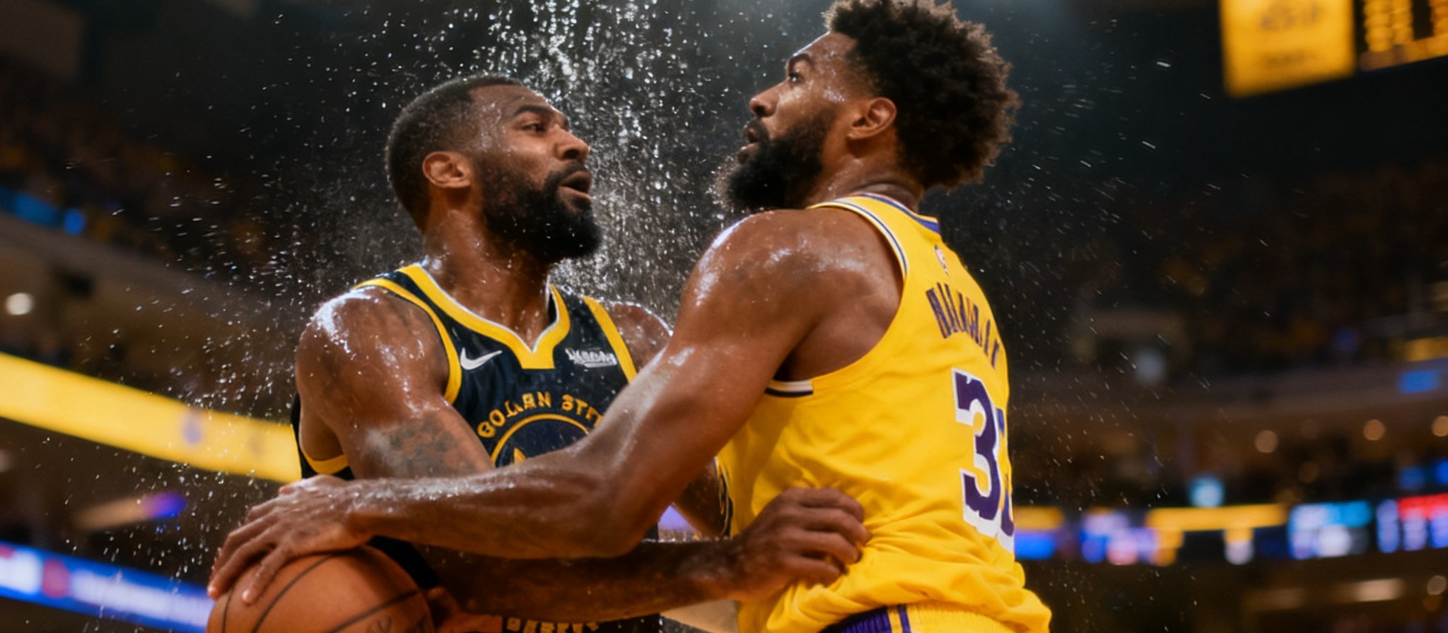 NBA季后赛激烈对抗场景，两名球员在篮下拼抢，汗水飞溅，球馆灯光璀璨